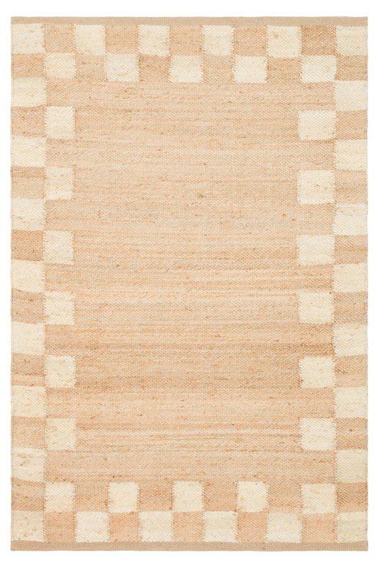 NATURA Ekru Dama Desenli Doğal Jüt Hasır Görünümlü Modern Çift Taraflı Kilim Bohem Salon Halısı - Altın