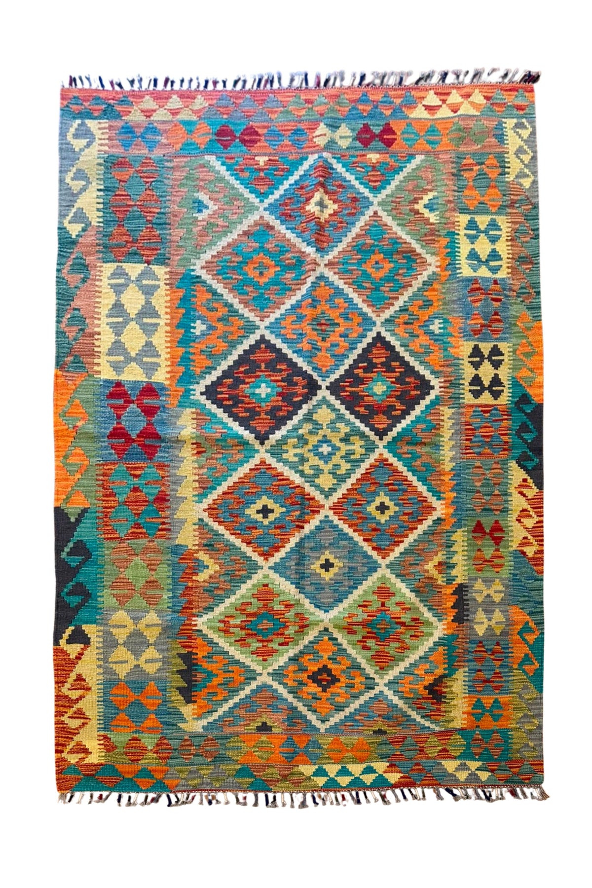 EFSANE El Dokuma Kök Boya Kilim Vintage Etnik Anadolu Desenli Bohem Salon Dekoratif Kilim - Turkuaz