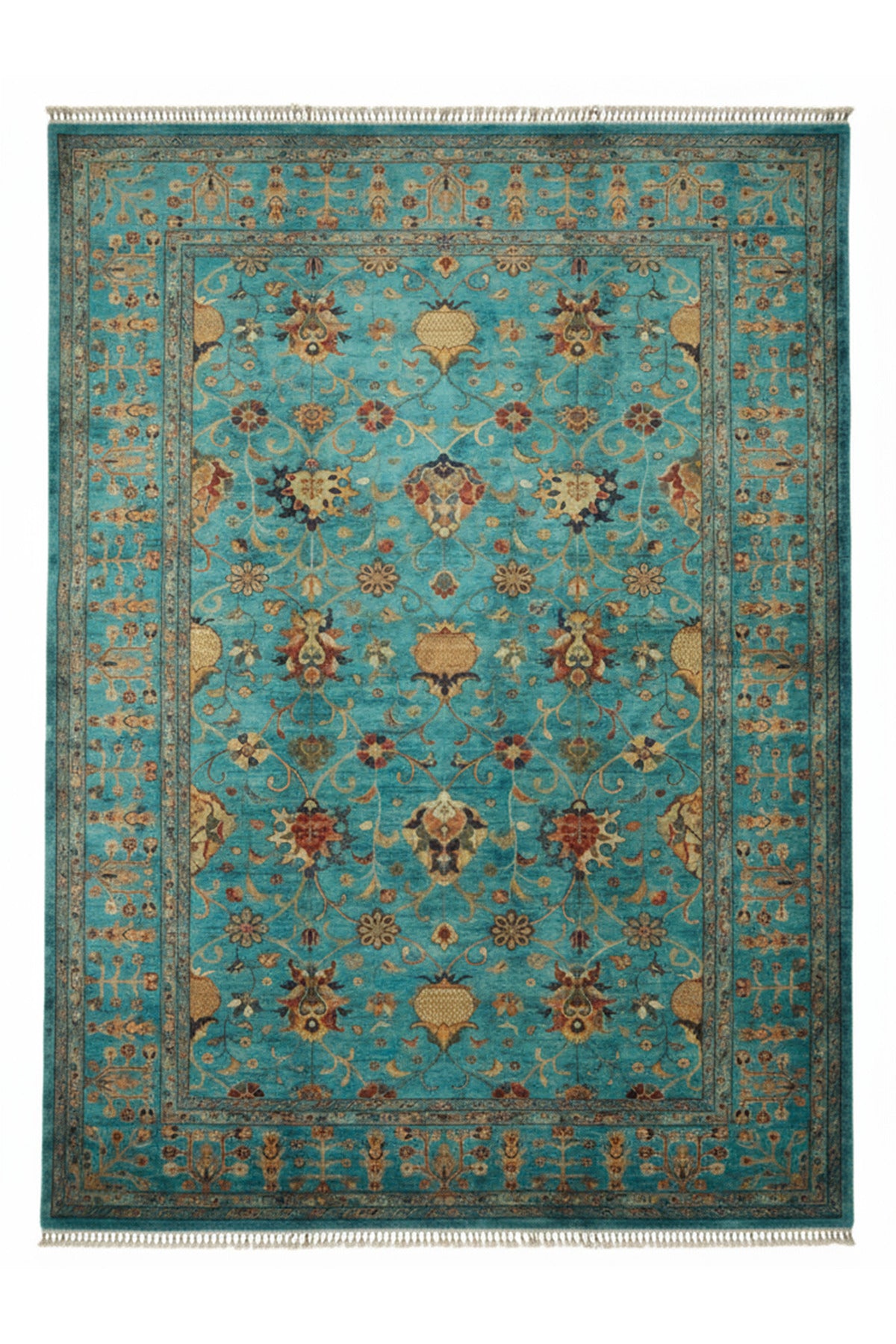 Sultani El Emeği Mavi Anadolu Motifli Desenli Saçaklı Modern ve Geleneksel Salon Halısı - Mavi