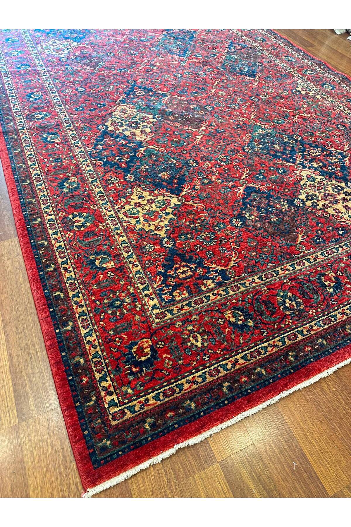 Geleneksel Desenli El Dokuma Halı Kırmızı Bordo Lacivert Madalyon Motifli Vintage Salon Halısı - Siyah