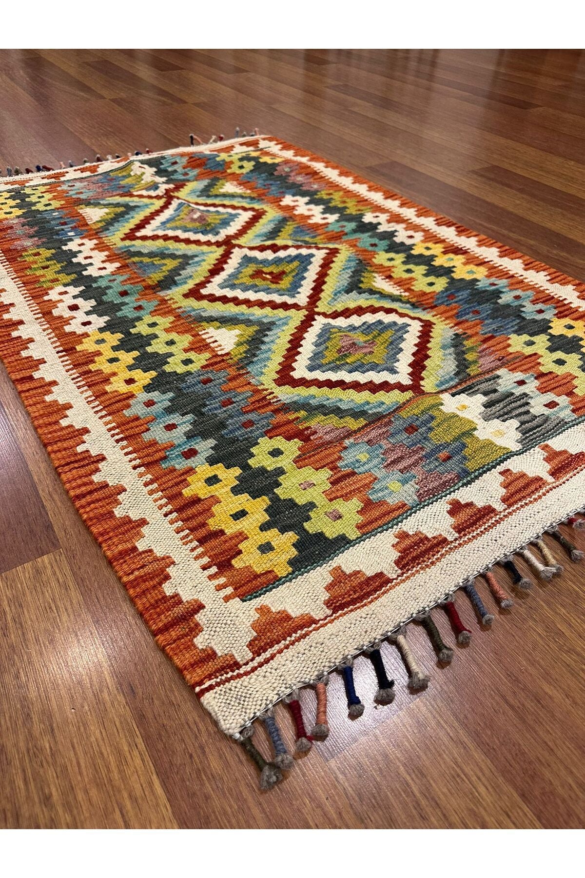 Miras Kiremit Çok Renkli Kök Boya El Emeği Doğal İplik Etnik Desen Geleneksel Kilim Koleksiyonu - Kahverengi