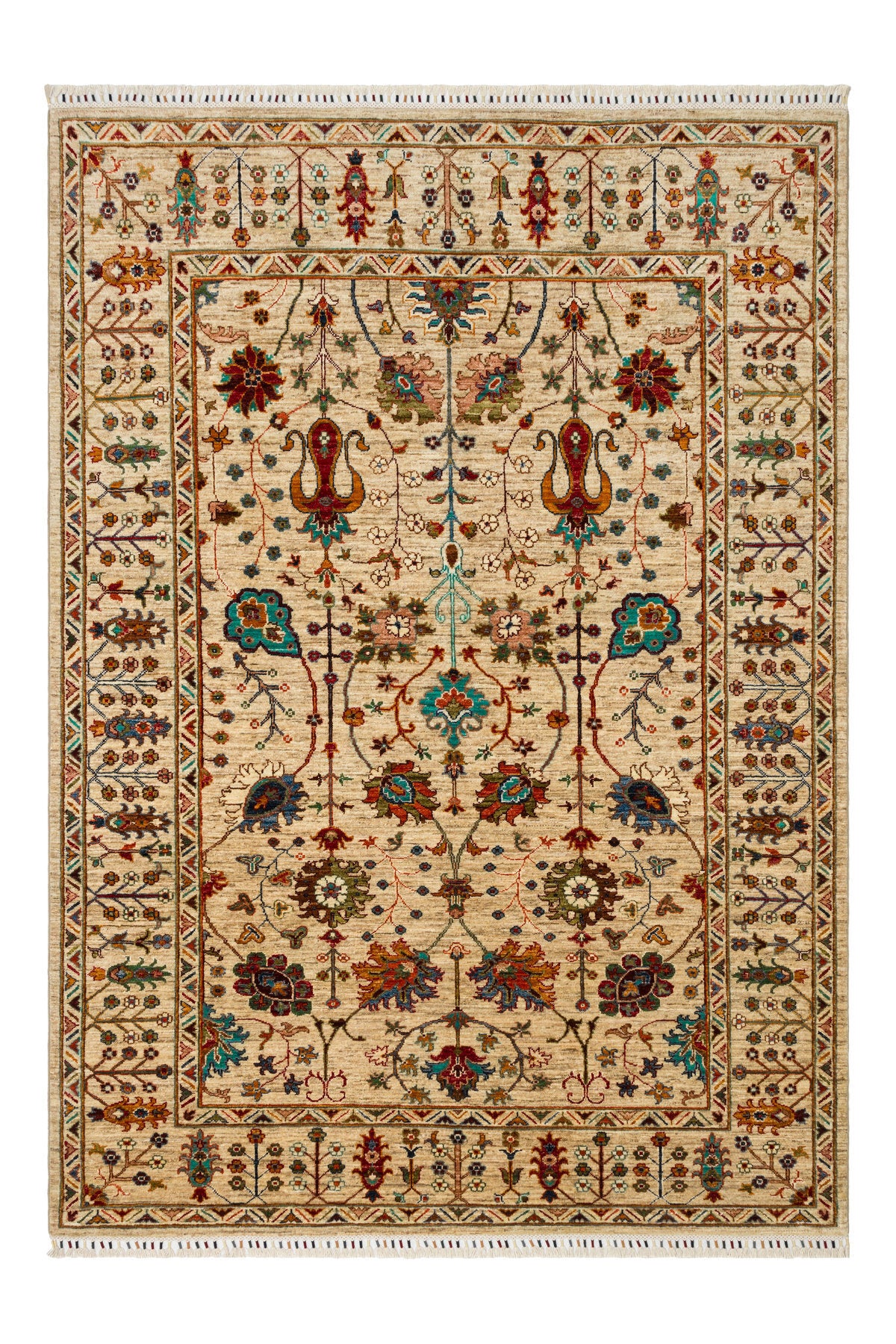 Sultani El Dokuma Yün Halı Bej Klasik Oryantal Çiçek Motifli Vintage Geleneksel Salon Halısı