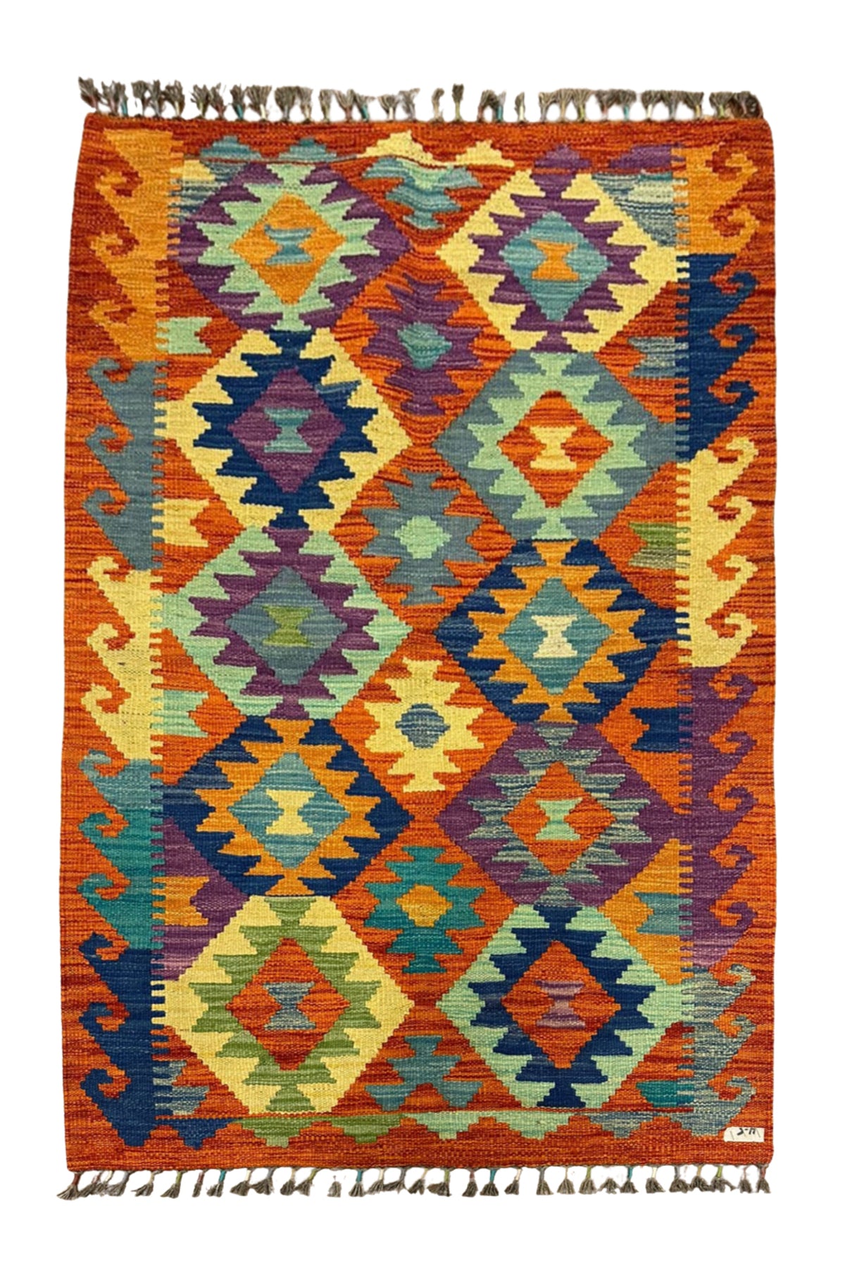 Miras Turuncu Çok Renkli Kök Boya El Emeği Doğal İplik Etnik Desen Geleneksel Kilim Koleksiyonu - Turuncu