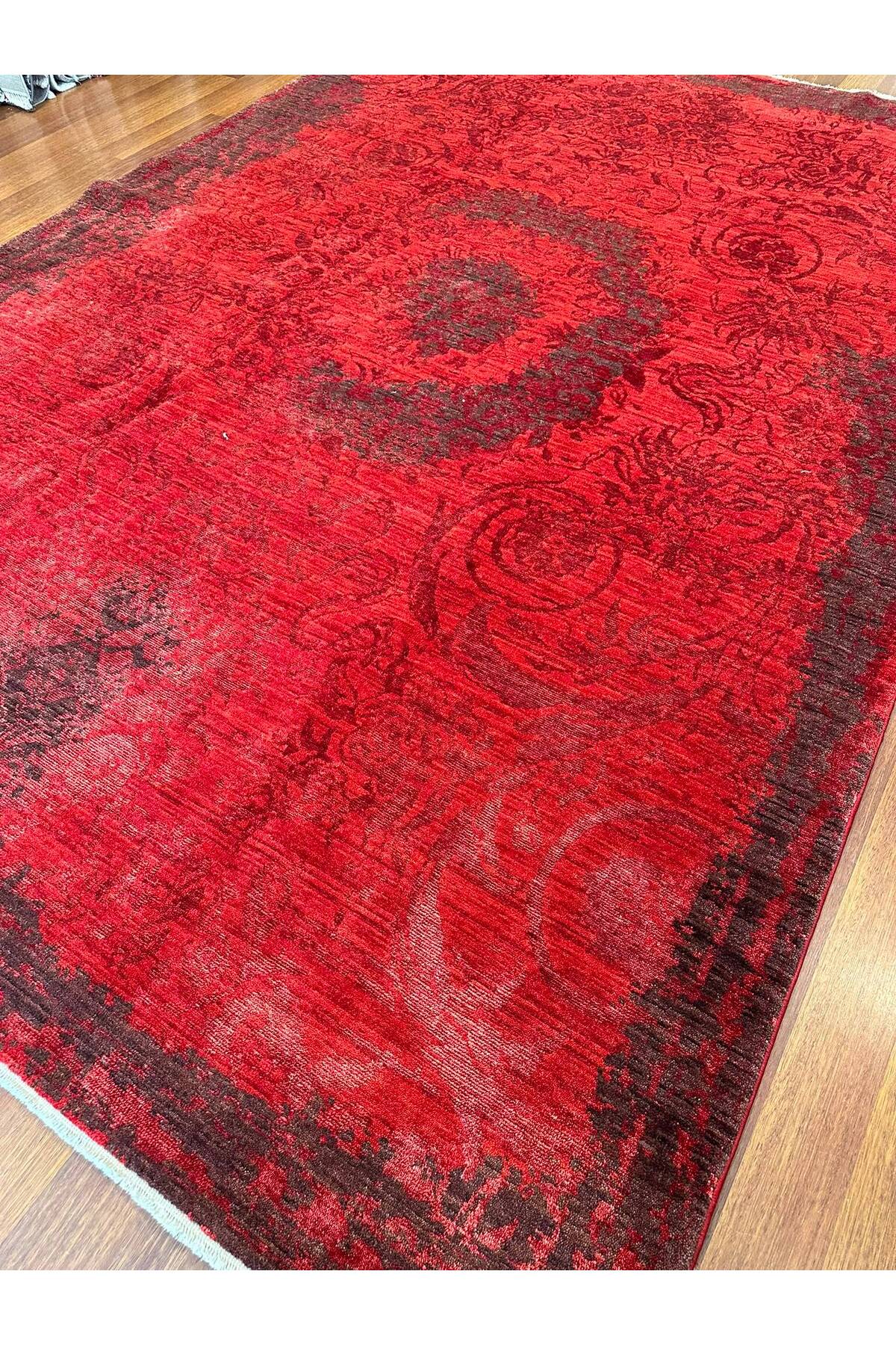 Vintage El Dokuma Kırmızı Eskitme Desenli Motifli Salon Yatak Odası Premium Dekoratif Halı - Haki