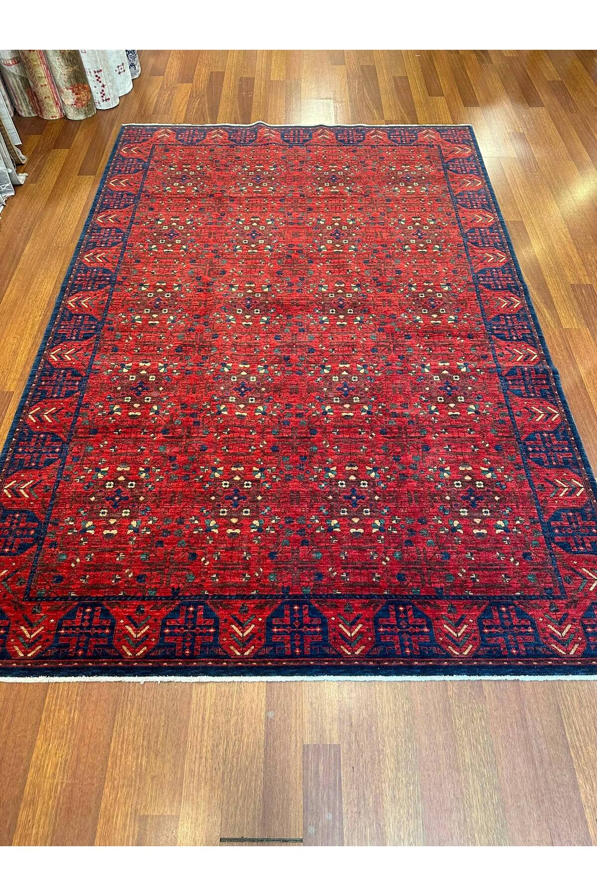 Etnik Desenli El Dokuma Halı Kırmızı Bordo Lacivert Motifli Geleneksel Vintage Salon Halısı - Turuncu