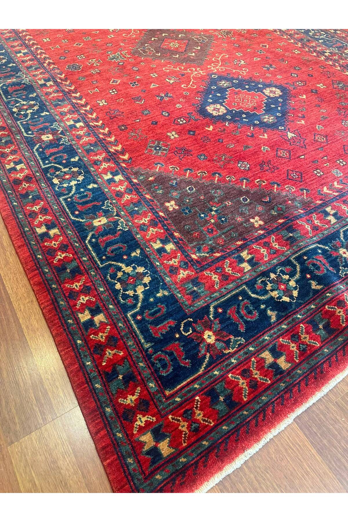 Geleneksel Madalyon Desen El Dokuma Kırmızı Etnik Geometrik Motifli Vintage Dekoratif Salon Halısı - Sarı