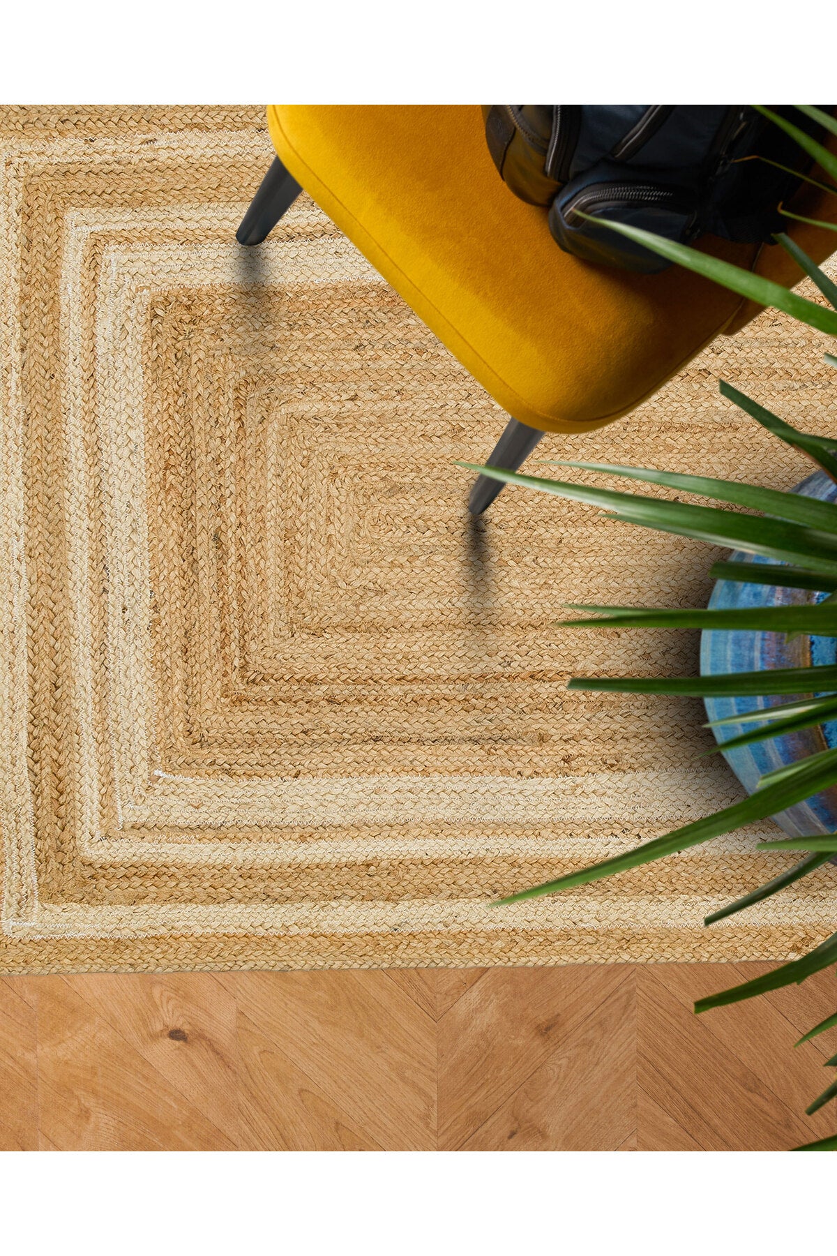 NATURA Jüt Halı Doğal Hasır Görünümlü Çerçeve Desenli Çift Taraflı Kilim Salon Antre Mutfak Halısı - Beyaz