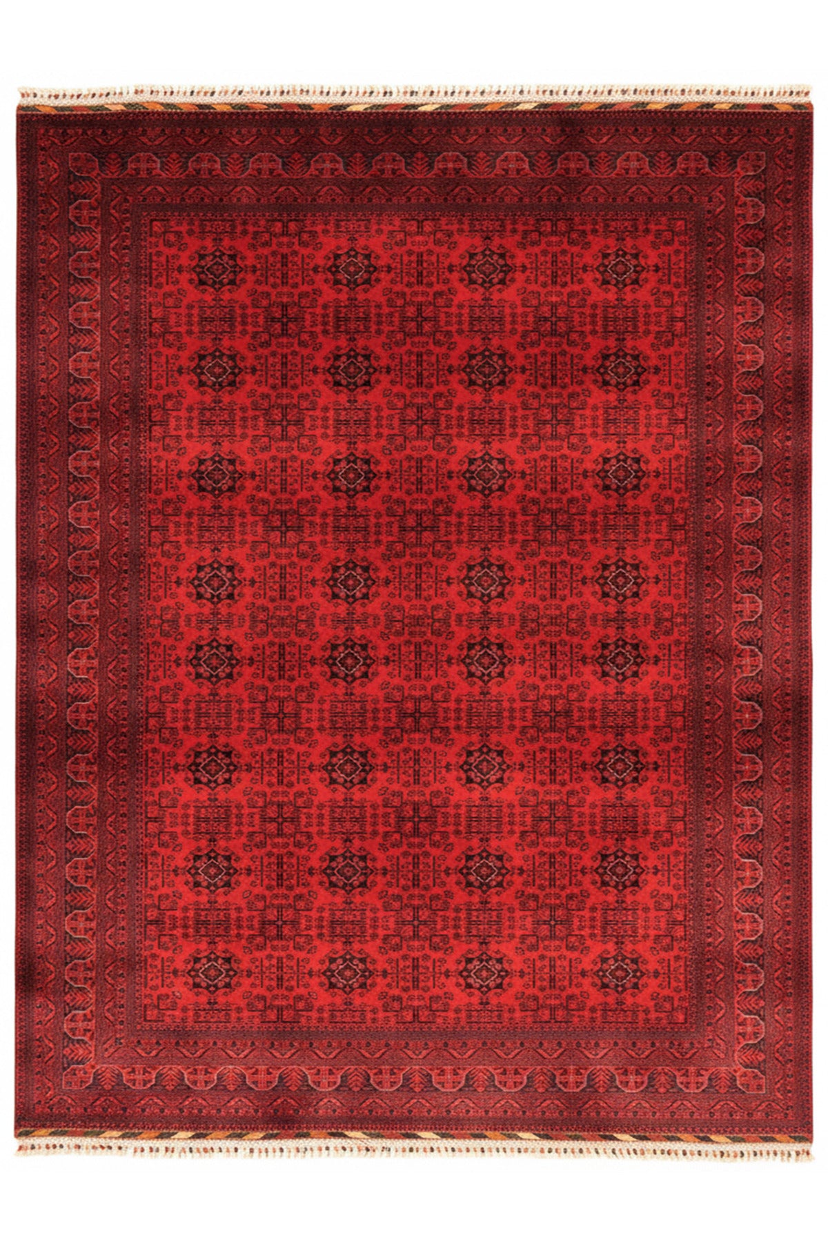 El Dokuma Yıldız Model Bordo Afgan Biliçik Halısı %100 Yün Kök Boya Geleneksel Otantik Salon Halısı - Çok Renkli