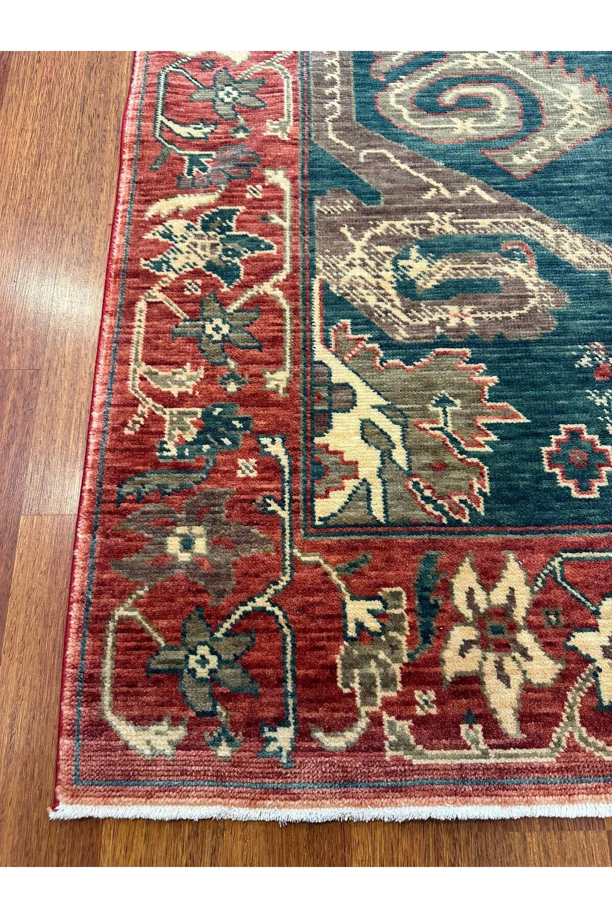 Etnik Motifli El Dokuma Yeşili Kiremit Geleneksel Desenli Salon Vintage Dekoratif Halı - Lacivert