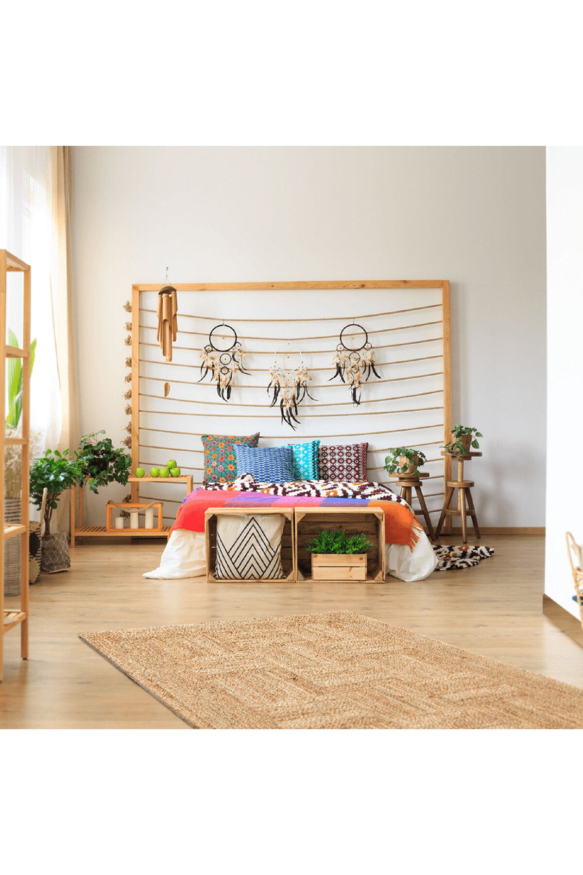 NATURA Örgü Patchwork Görünümlü Jüt Halı Doğal Hasır Dokulu Bohem Çift Taraflı Kilim Salon Halısı - Ekru