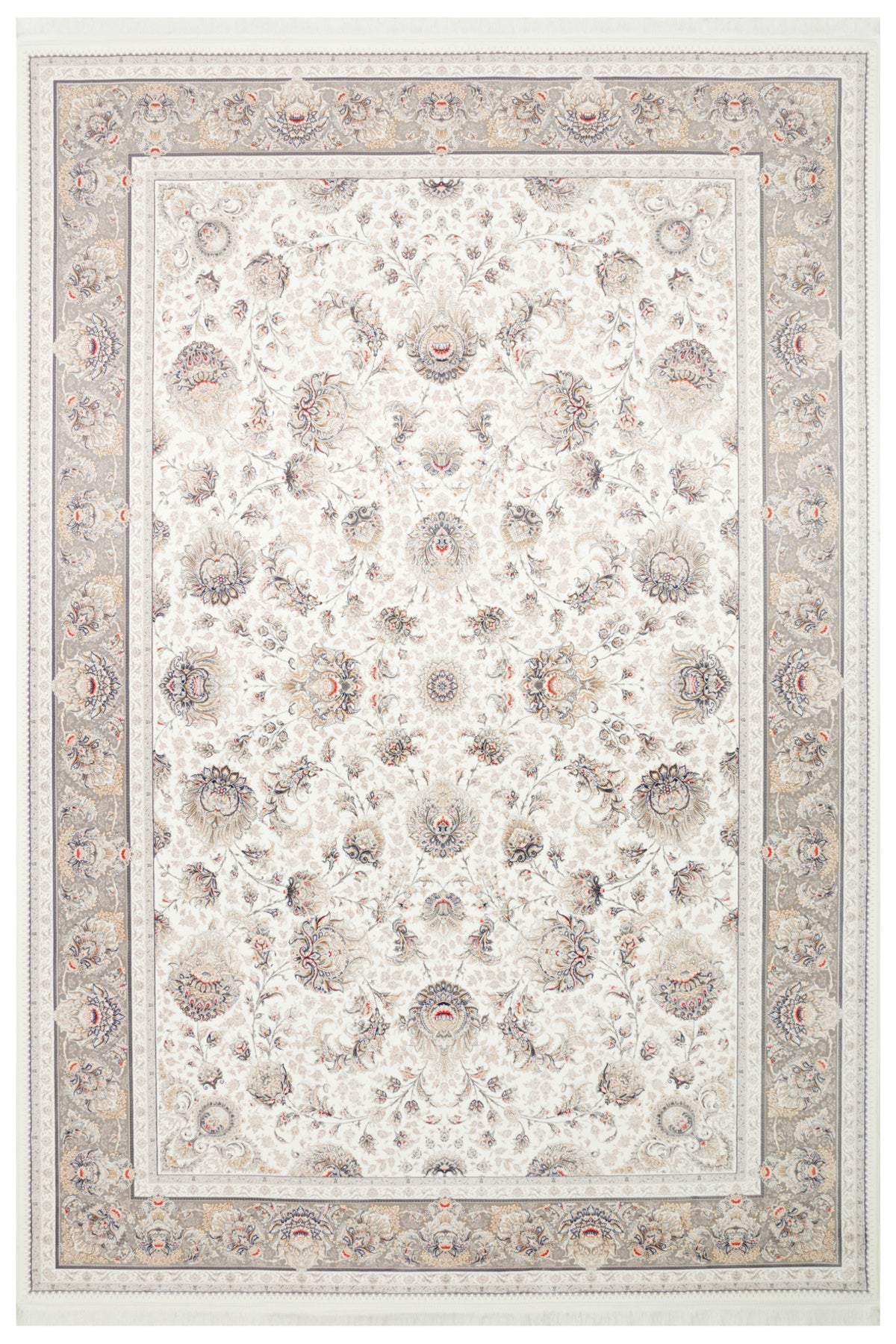 Safavi Krem Bej Rengi Etnik Desenli Akrilik Saçaklı Vintage Sık Dokuma Klasik Salon Halısı - Beyaz
