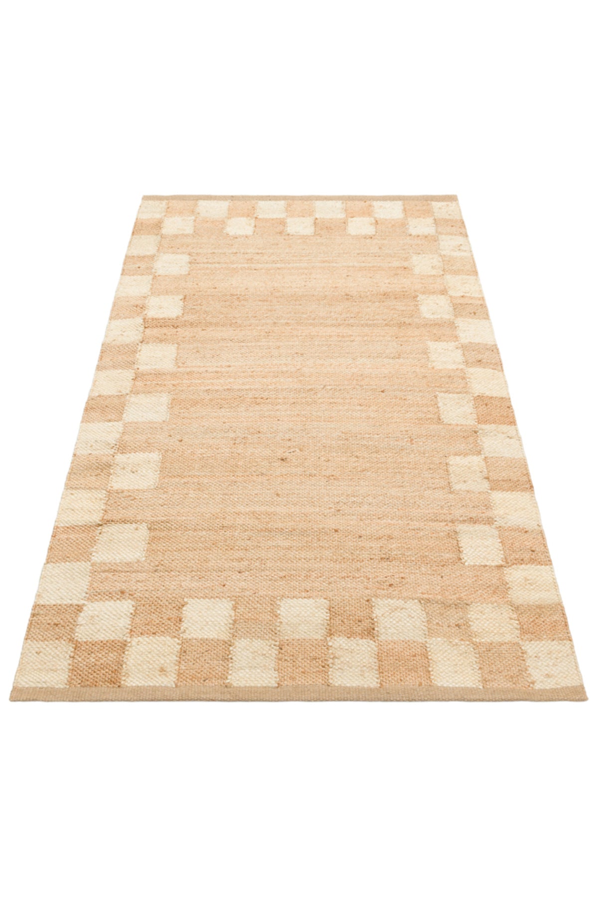 NATURA Ekru Dama Desenli Doğal Jüt Hasır Görünümlü Modern Çift Taraflı Kilim Bohem Salon Halısı - Altın