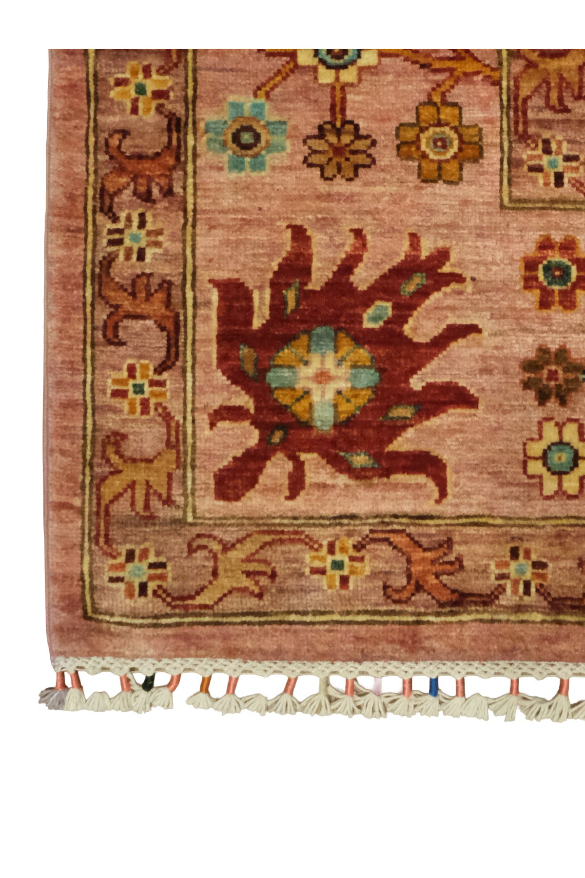 Sultani El Emeği Pembe Anadolu Motifli Desenli Saçaklı Modern ve Geleneksel Salon Halısı - Pembe