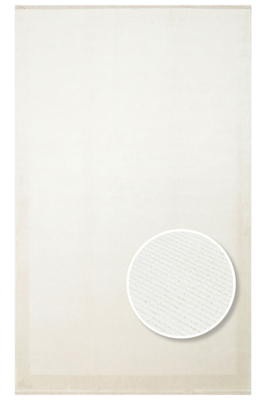 Alva Krem Tek Renk Düz Modern Sade Minimal Çerçeveli Saçaklı Koridor, Oturma Odası, Salon Halısı - Ekru