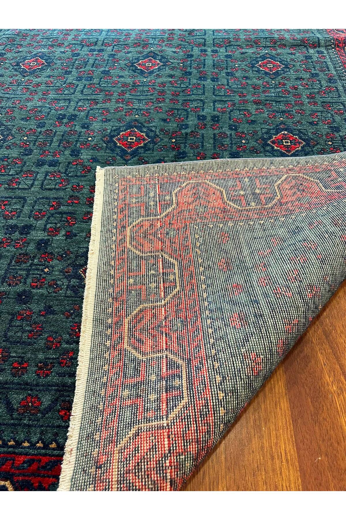 Afgan Desenli El Dokuma Yeşil Petrol Kırmızı Etnik Motifli Geleneksel Vintage Salon Halısı - Bej