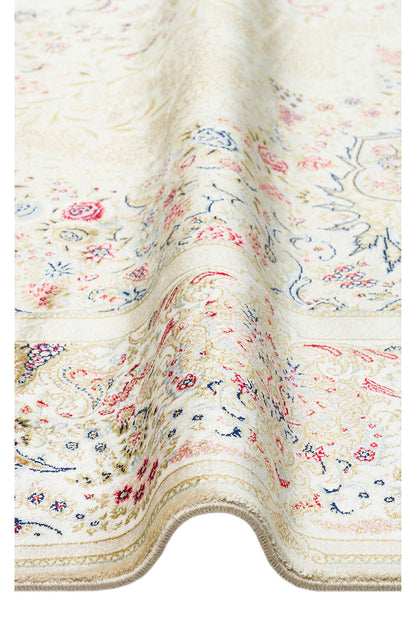 İpek Harem Serisi Bambu İplik Krem Salon Halısı Klasik Desenli Sık Doku Doğal Yumuşak Dokulu Lüx