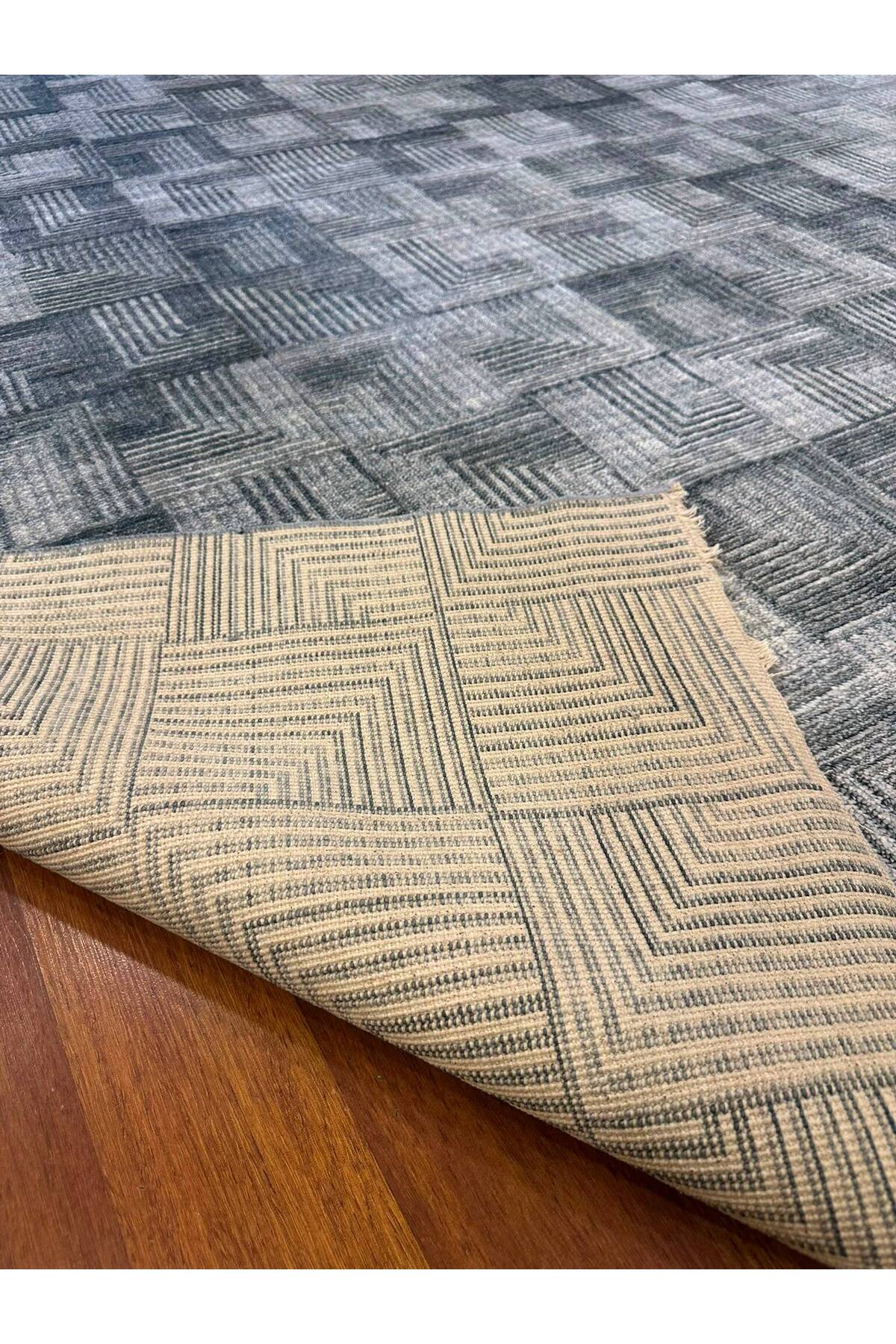 Modern Geometrik El Dokuma Çok Renkli Gri Antrasit Kare Desenli Çizgisel Dokulu Salon Halısı - Gümüş