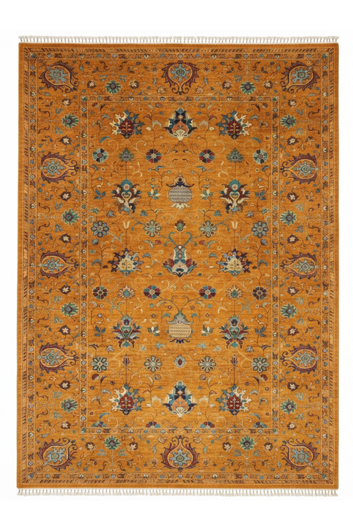 Sultani El Emeği Turuncu Anadolu Motifli Desenli Saçaklı Modern ve Geleneksel Salon Halısı - Turuncu