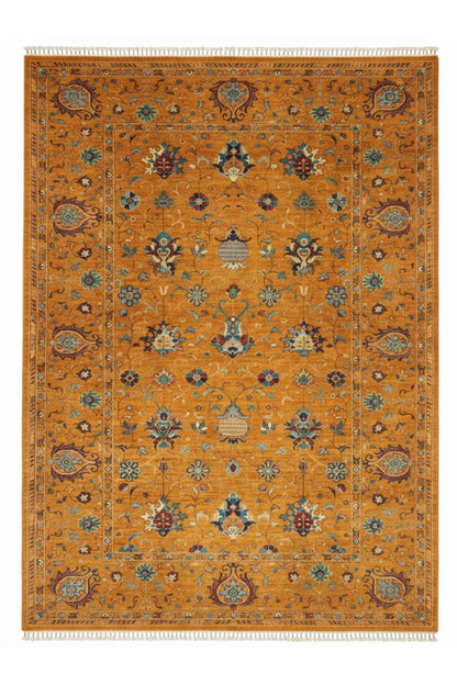 Sultani El Emeği Turuncu Anadolu Motifli Desenli Saçaklı Modern ve Geleneksel Salon Halısı - Turuncu