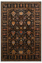 Sultani El Dokuma Yün Halı Siyah Zeminli Çiçek Motifli Klasik Desenli Vintage Premium Salon Halısı