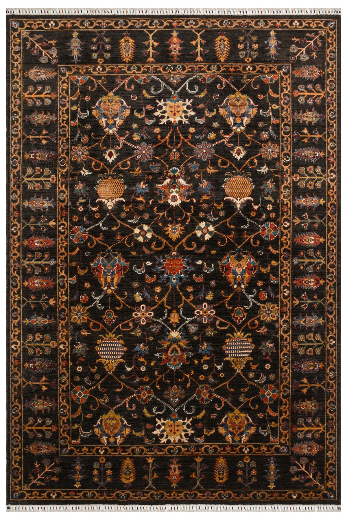 Sultani El Dokuma Yün Halı Siyah Zeminli Çiçek Motifli Klasik Desenli Vintage Premium Salon Halısı