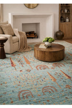 Efsun Handmade Turquoise Color Lyocell Special Loom Ethnic Uşak Pattern Fringed Living Room Rug