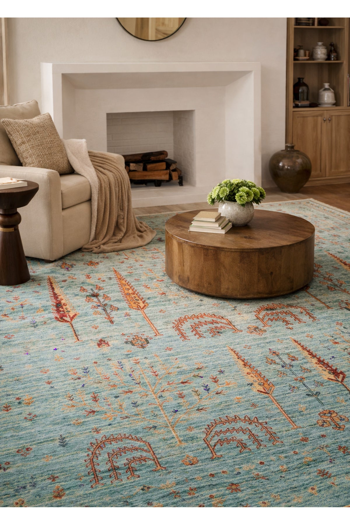 Efsun El Emeği Turkuaz Rengi Lyocell Özel Tezgah Etnik Uşak Desen Saçaklı Salon Halısı