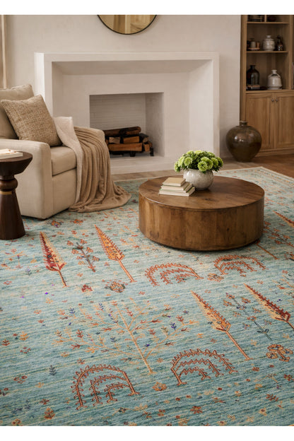 Efsun El Emeği Turkuaz Rengi Lyocell Özel Tezgah Etnik Uşak Desen Saçaklı Salon Halısı
