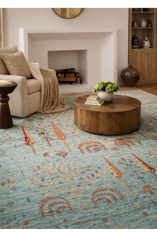 Efsun El Emeği Turkuaz Rengi Lyocell Özel Tezgah Etnik Uşak Desen Saçaklı Salon Halısı