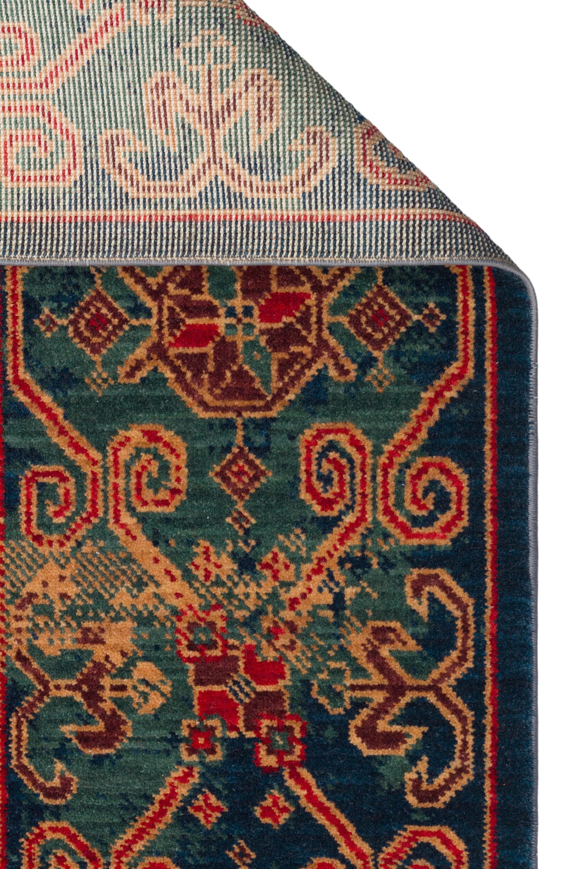 Rönesans El Emeği Etnik Desenli Lacivert Kırmızı Yün Saçaklı Anadolu Motifli Otantik Salon Halısı