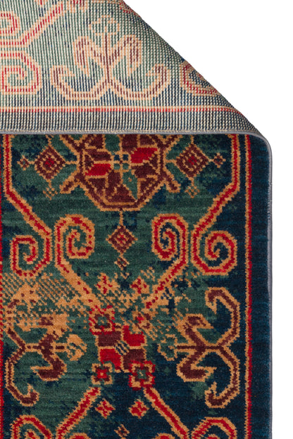 Rönesans El Emeği Etnik Desenli Lacivert Kırmızı Yün Saçaklı Anadolu Motifli Otantik Salon Halısı