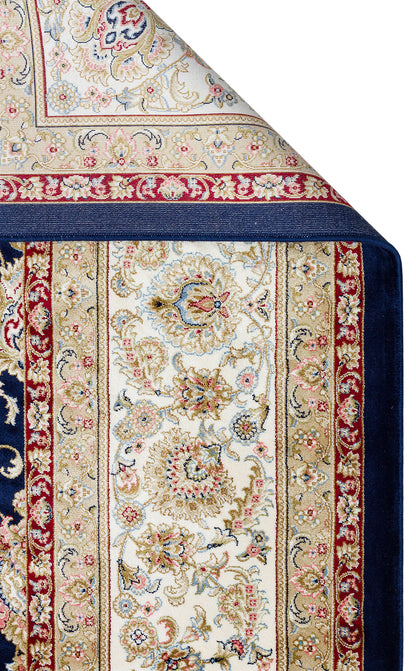 İpek Harem Serisi Bambu İplik Lacivert Krem Salon Halısı Klasik Desen Sık Dokuma Doğal Yumuşak Doku