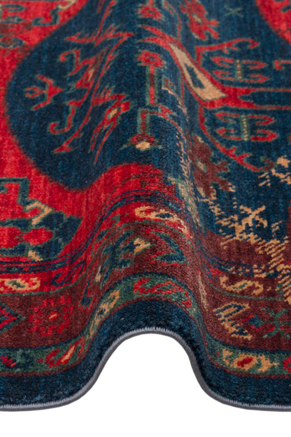 Rönesans El Emeği Etnik Desenli Kırmızı Çok Renkli Yün Saçaklı Anadolu Motifli Otantik Salon Halısı