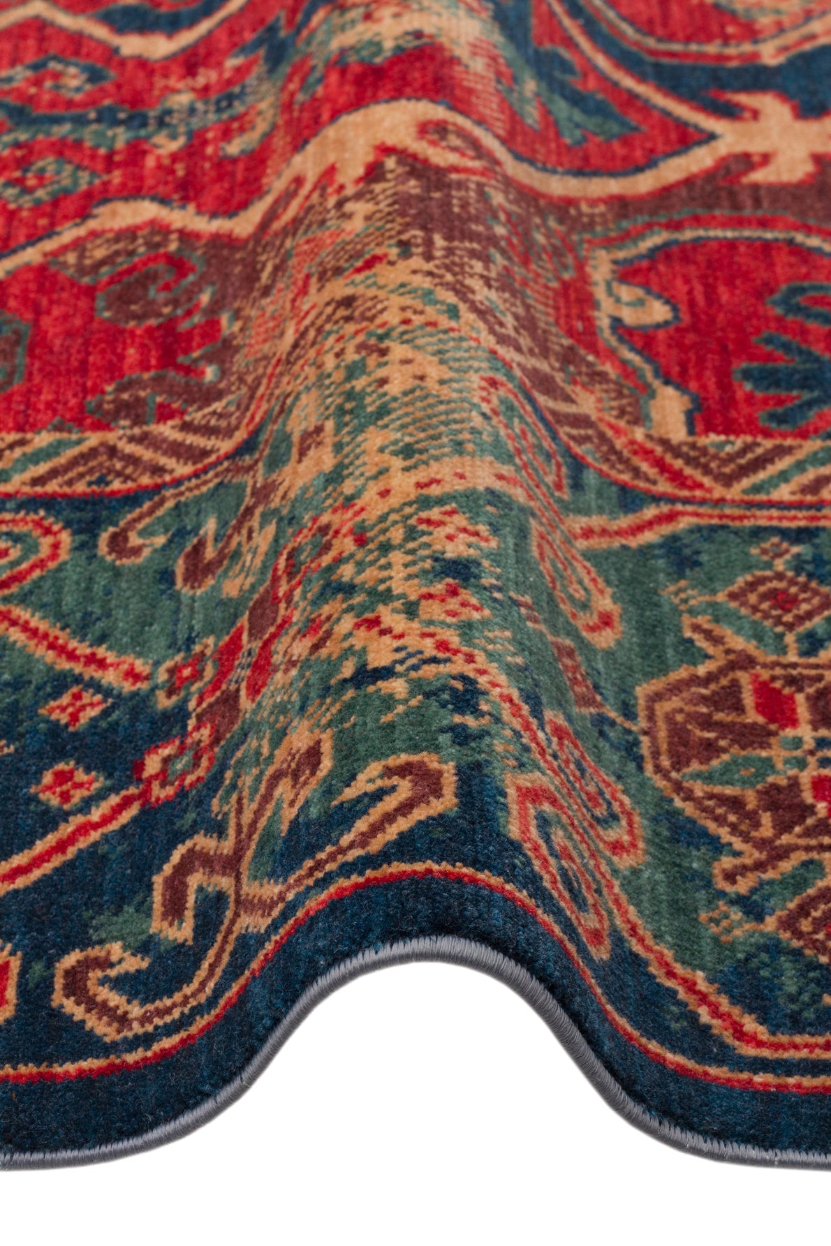 Rönesans El Emeği Etnik Desenli Lacivert Kırmızı Yün Saçaklı Anadolu Motifli Otantik Salon Halısı