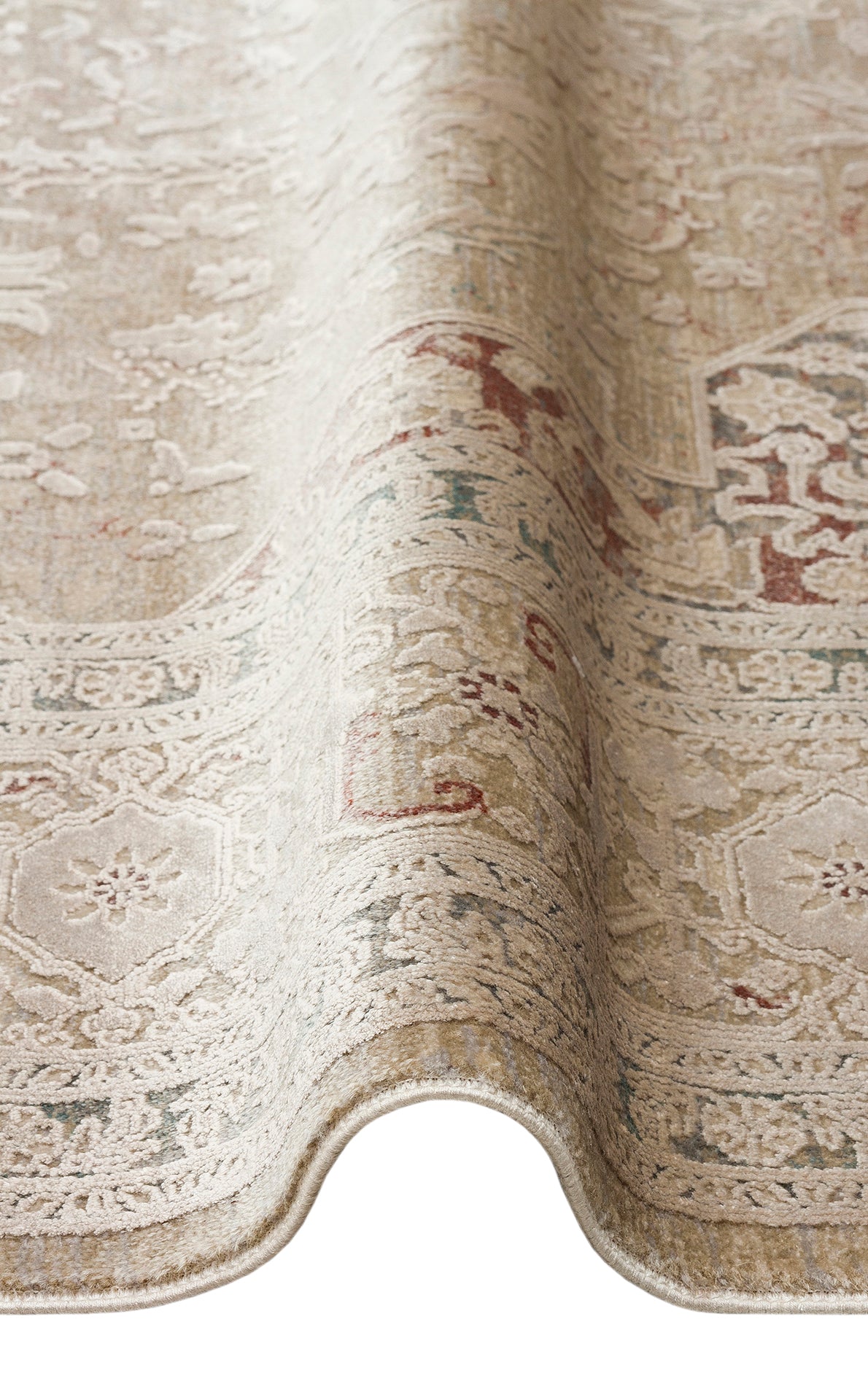 Toscana Klasik Vintage Desenli Açık Bej Over-Dyed Dokuma Salon Halısı Rayon Viskon Yumuşak Dokulu