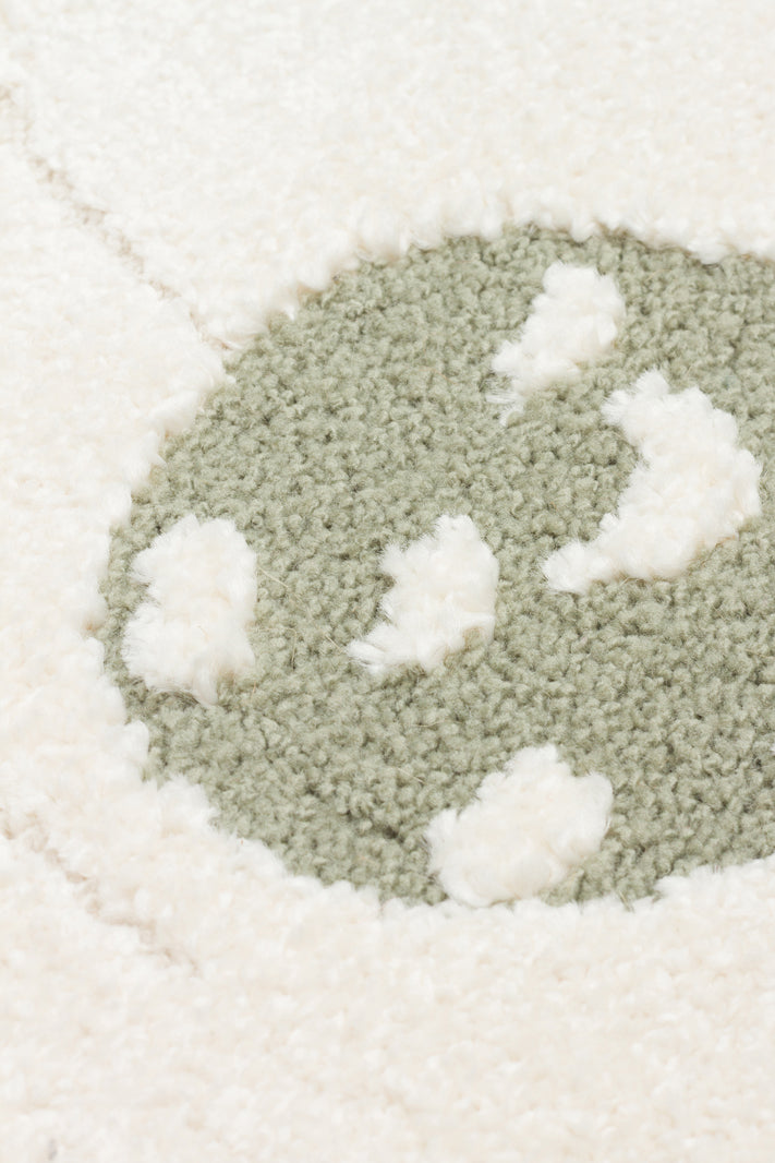 Petit Desenli Bej Renk Yuvarlak Toz Vermeyen Yumuşak Dokulu Makinede Yıkanabilir Çocuk Odası Halısı - Beyaz