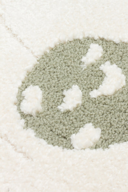 Petit Desenli Bej Renk Yuvarlak Toz Vermeyen Yumuşak Dokulu Makinede Yıkanabilir Çocuk Odası Halısı - Beyaz
