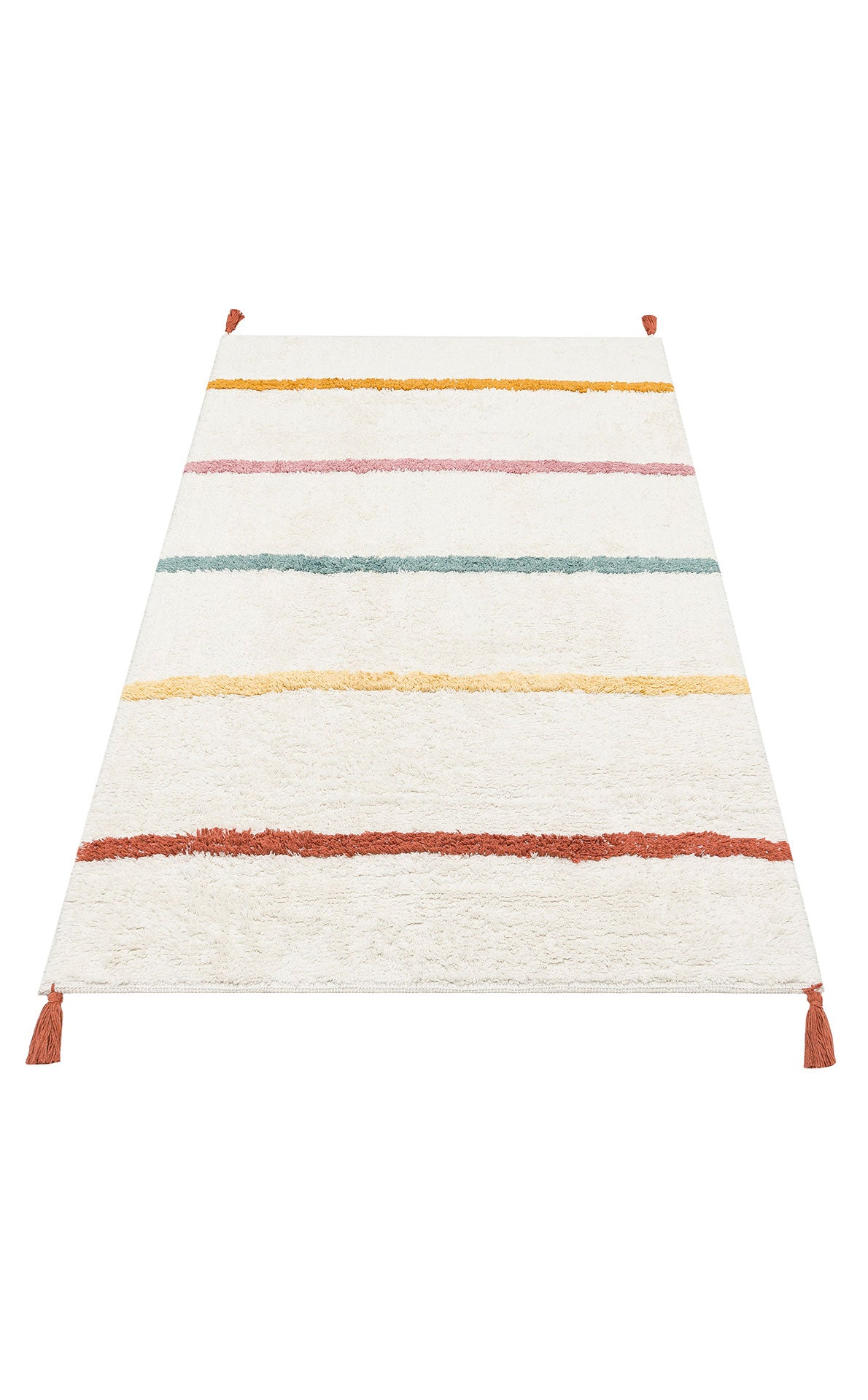 Bonny Children's Room Rug, Striped, Multicolored, Washable, Non-Slip, Cotton, Soft Surface - Ecru
