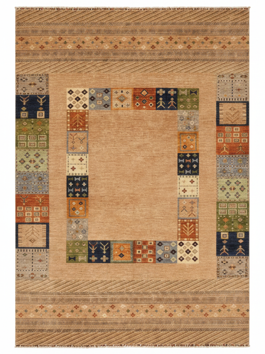 Handmade Beige Hand-Trimmed Anatolian Motif Gabbeh Patterned Fringed Modern and Traditional Living Room Rug - Beige