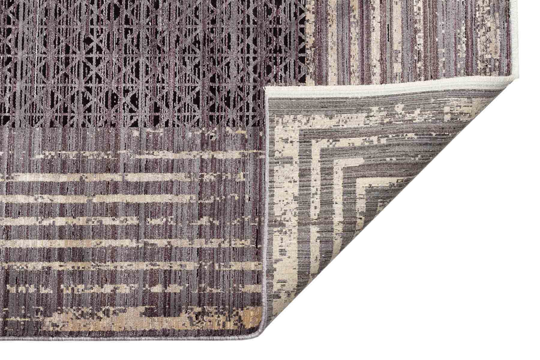 Palace Antrasit Gold Çerçeveli Viskon Salon Halısı Saçaklı Sık Dokuma Modern Desenli Makine Halısı - Altın