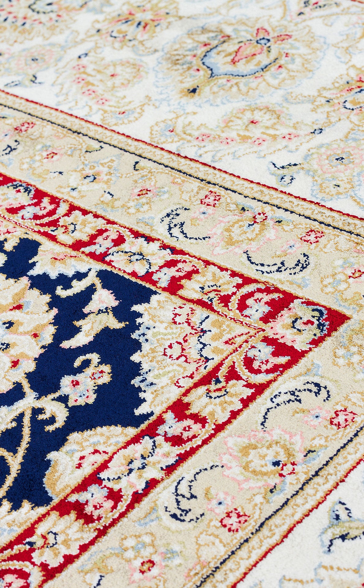 İpek Harem Serisi Bambu İplik Lacivert Krem Salon Halısı Klasik Desen Sık Dokuma Doğal Yumuşak Doku