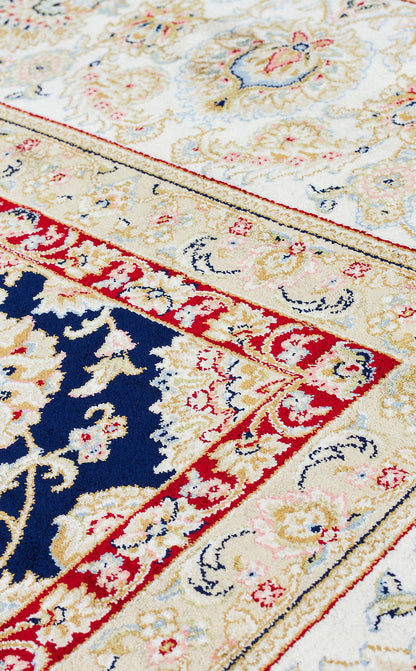 İpek Harem Serisi Bambu İplik Lacivert Krem Salon Halısı Klasik Desen Sık Dokuma Doğal Yumuşak Doku