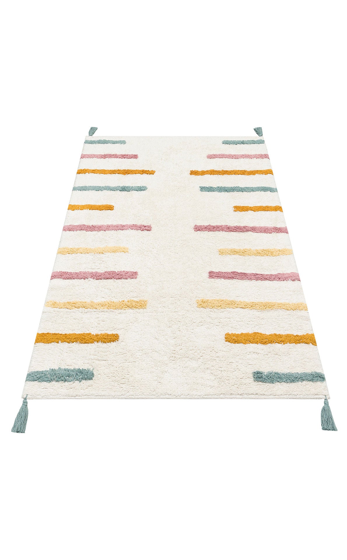 Bonny Striped Multicolored Children's Room Rug, Washable, Non-Slip Base, Cotton Soft Surface - White
