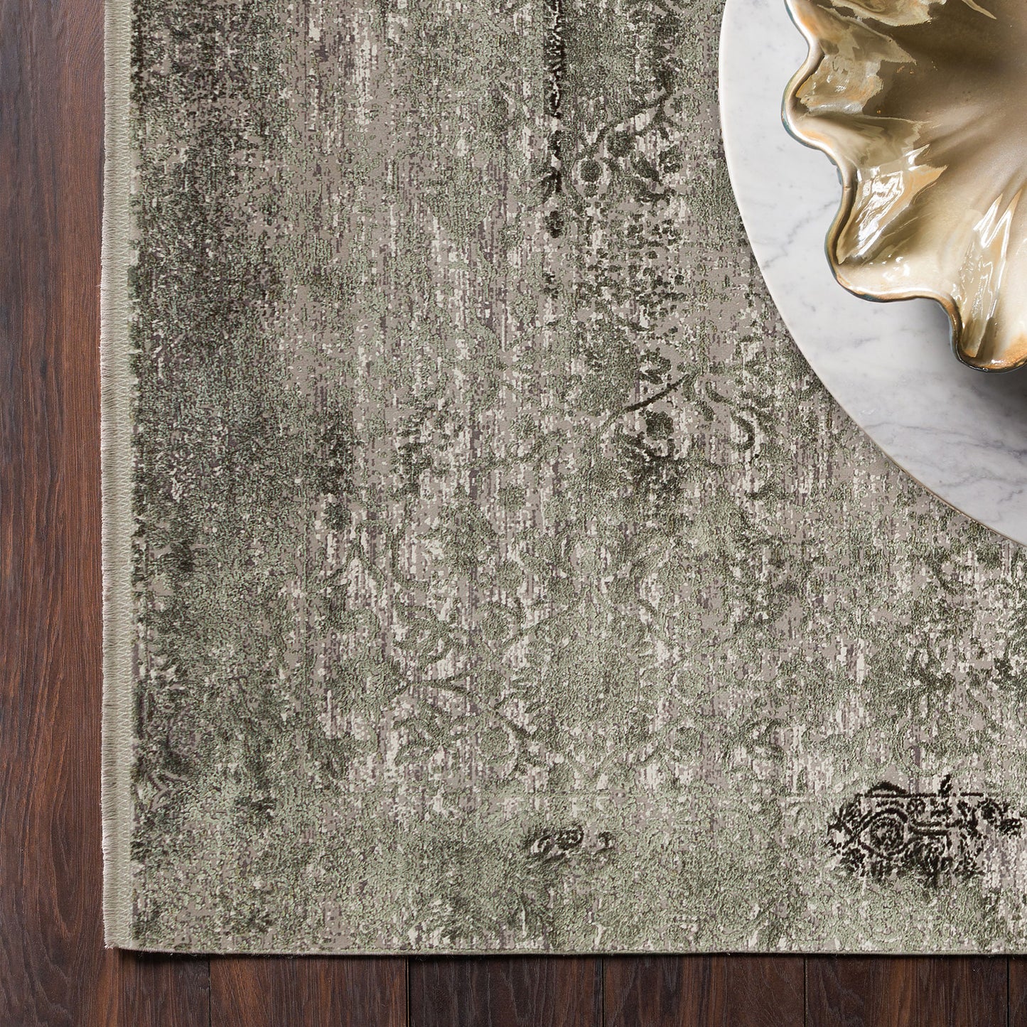 Lidya Dyed Green Vintage Overdyed Living Room Rug, Textured, Shiny, Tightly Woven, Classic Decorative Design