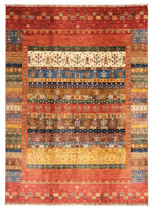 Handmade, Multicolored, Hand-Trimmed Anatolian Motif Gabbeh Patterned, Fringed, Modern and Traditional Living Room Rug - Red