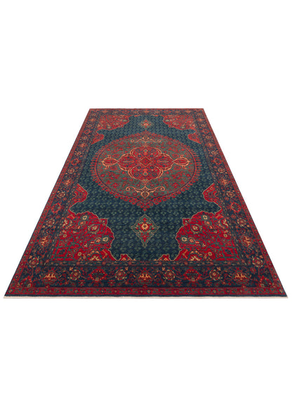 Rönesans El Emeği Etnik Desenli Vintage Lacivert Yün Anadolu Motifli Saçaklı Otantik Salon Halısı