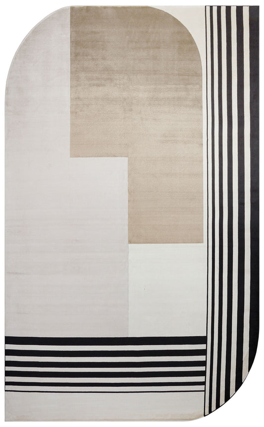 Riviera Modern Asimetrik Geometrik Desenli Krem Siyah Altın Rengi Viskon Polyester Şık Salon Halısı