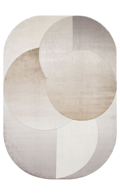 Riviera Modern Oval Geometrik Desenli Krem Siyah Altın Rengi Viskon Polyester Şık Salon Halısı