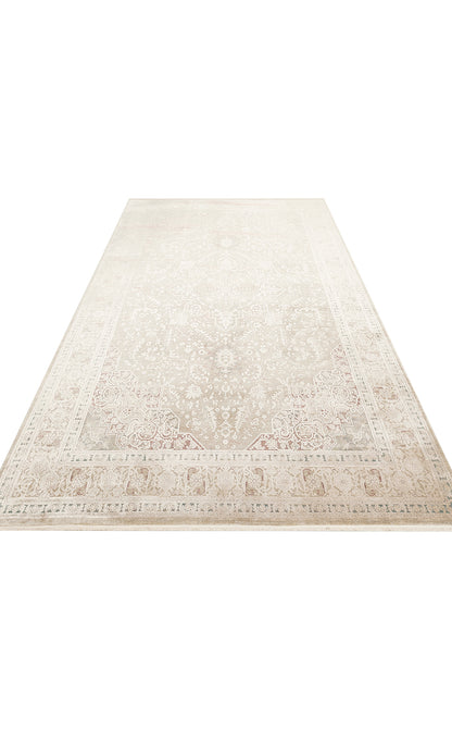 Toscana Klasik Vintage Desenli Açık Bej Over-Dyed Dokuma Salon Halısı Rayon Viskon Yumuşak Dokulu