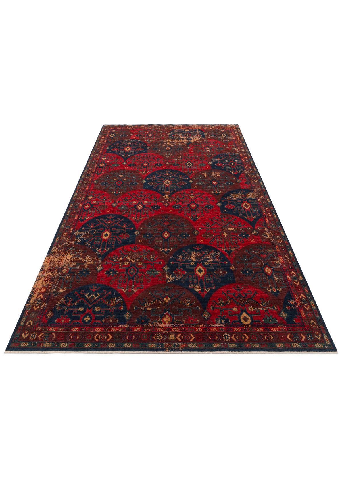 Rönesans El Emeği Etnik Desenli Kırmızı Çok Renkli Yün Saçaklı Anadolu Motifli Otantik Salon Halısı